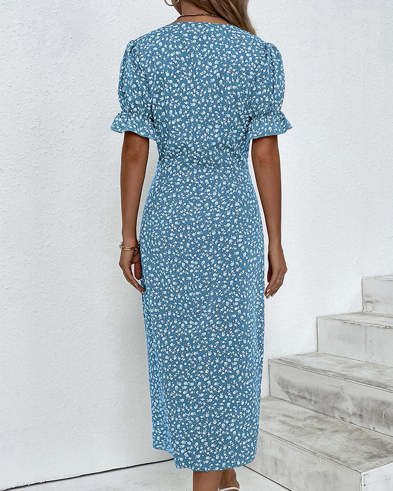W&W Mode - Schickes Wickel-Midikleid mit Blumenmuster und Knopfdetail | Elegantes Kleid mit V-Ausschnitt und Blumendruck