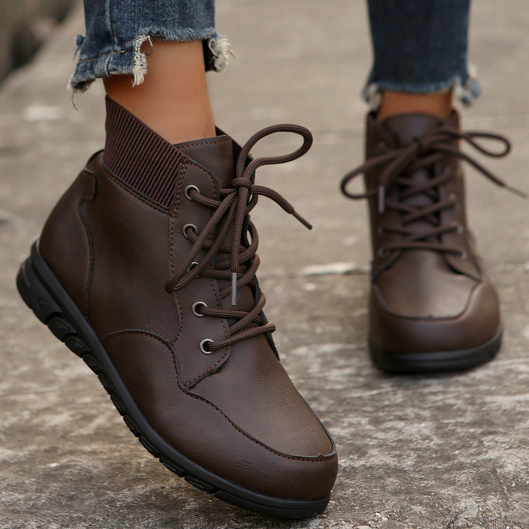 W&W Mode | Damen Schnürstiefel - robuste Stiefeletten mit elastischem Bund und rutschfester Sohle