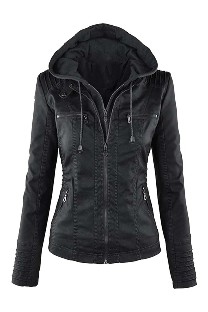 W&W Mode | Damen Kunstleder Kapuzenjacke Mit Reißverschluss
