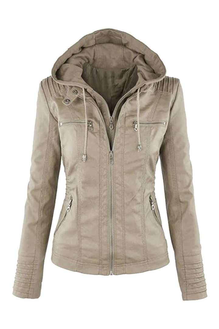 W&W Mode | Damen Kunstleder Kapuzenjacke Mit Reißverschluss