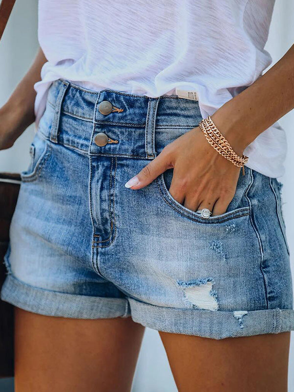 W&W Mode | Damen Denim Shorts Zerrissen Gerollt Stretch Hohe Taille Denim Shorts