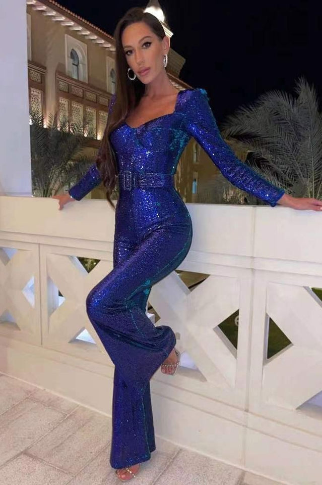 W&W Mode Damen Pailletten Jumpsuit Elegant Party Overall Langarm
