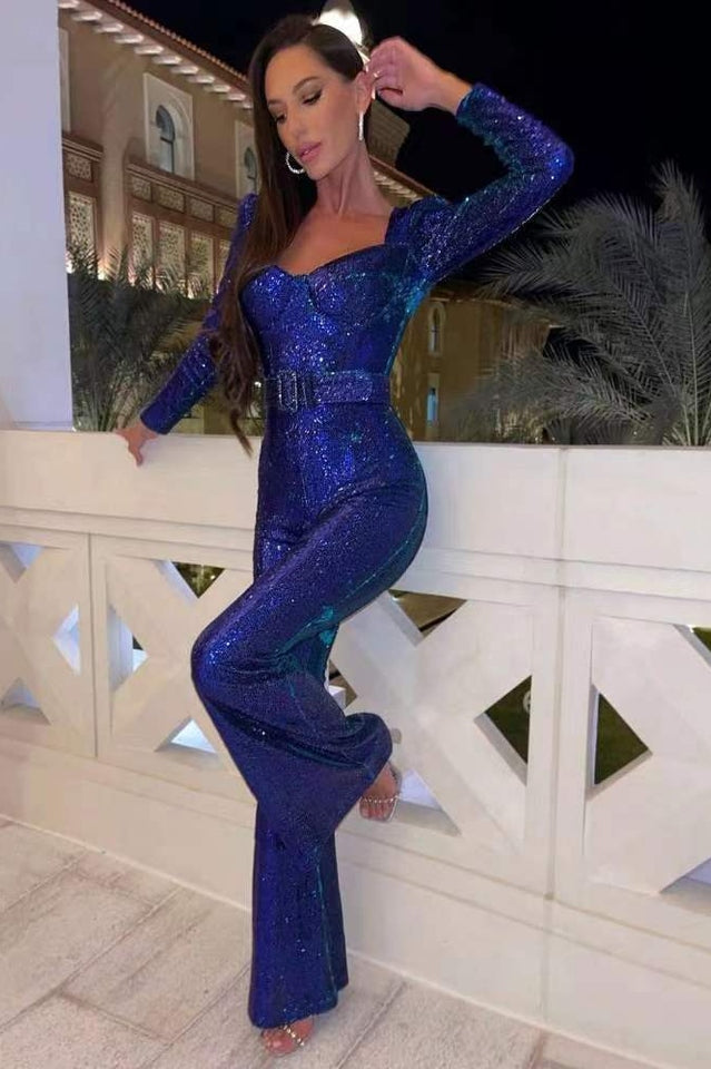 W&W Mode Damen Pailletten Jumpsuit Elegant Party Overall Langarm