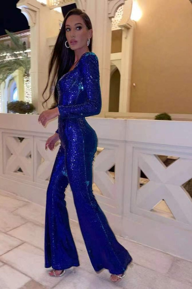 W&W Mode Damen Pailletten Jumpsuit Elegant Party Overall Langarm