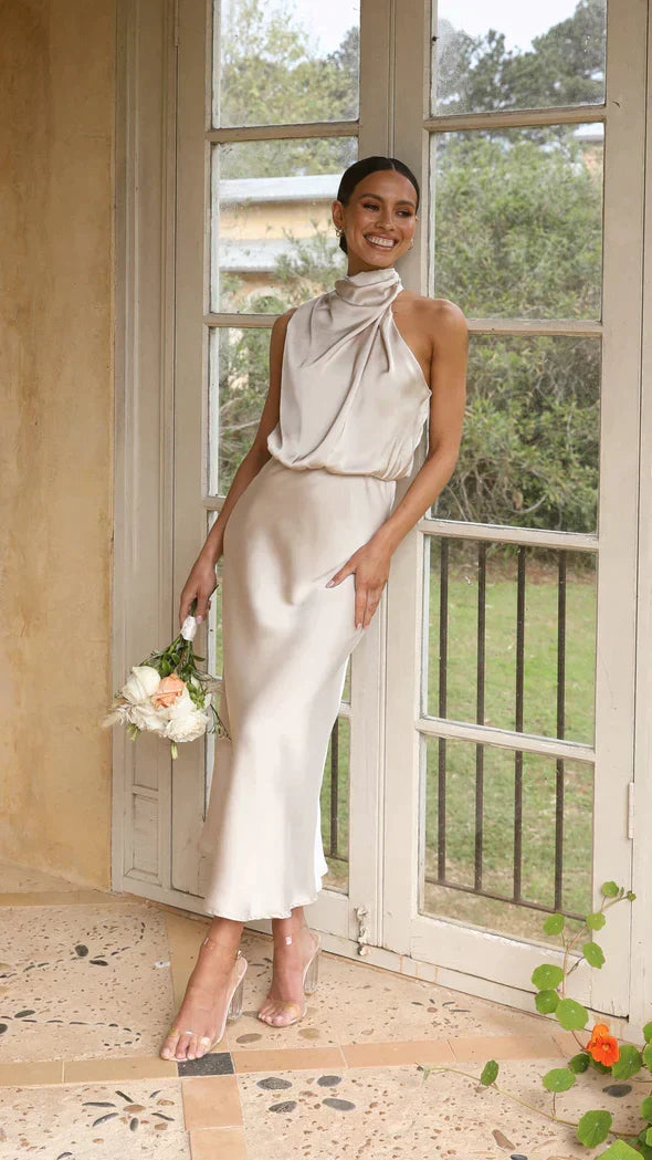 W&W Mode | Elegantes Satin Midikleid Mit Drapiertem Ausschnitt Für Damen