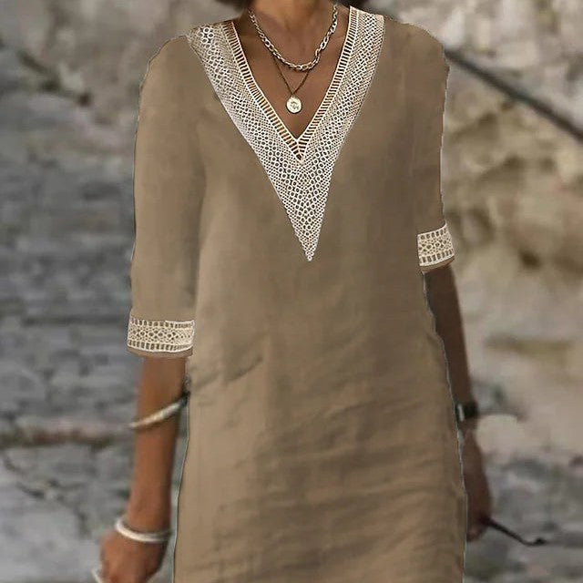 W&W Mode | Schlichtes Baumwoll Leinen Kleid Mit V-Ausschnitt Und Halben Ärmeln