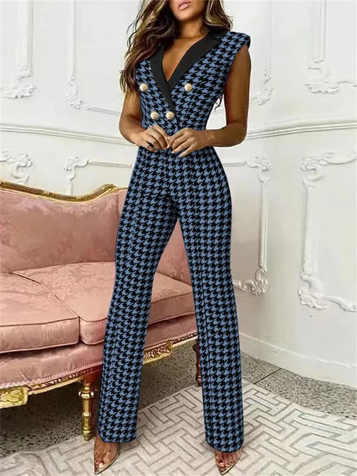W&W Mode | Jumpsuit mit V-Ausschnitt und Pied-de-Poule-Druck | Trendy und Elegant