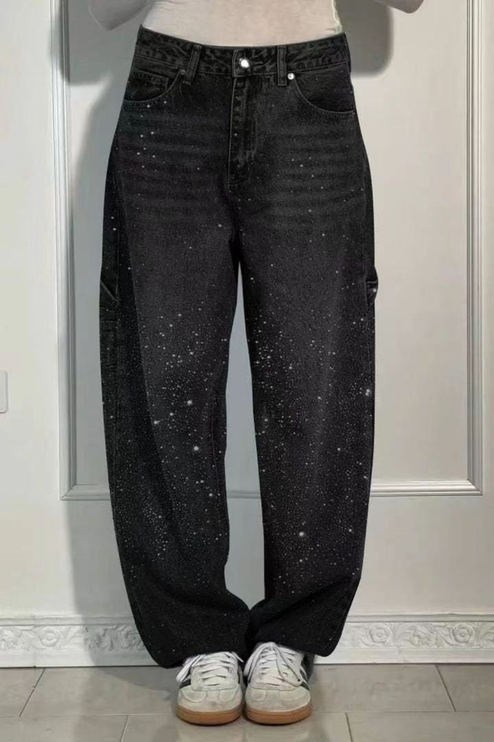W&W Mode | Damen Gewaschene Jeans Mit Strassdetails Im Weiten Schnitt
