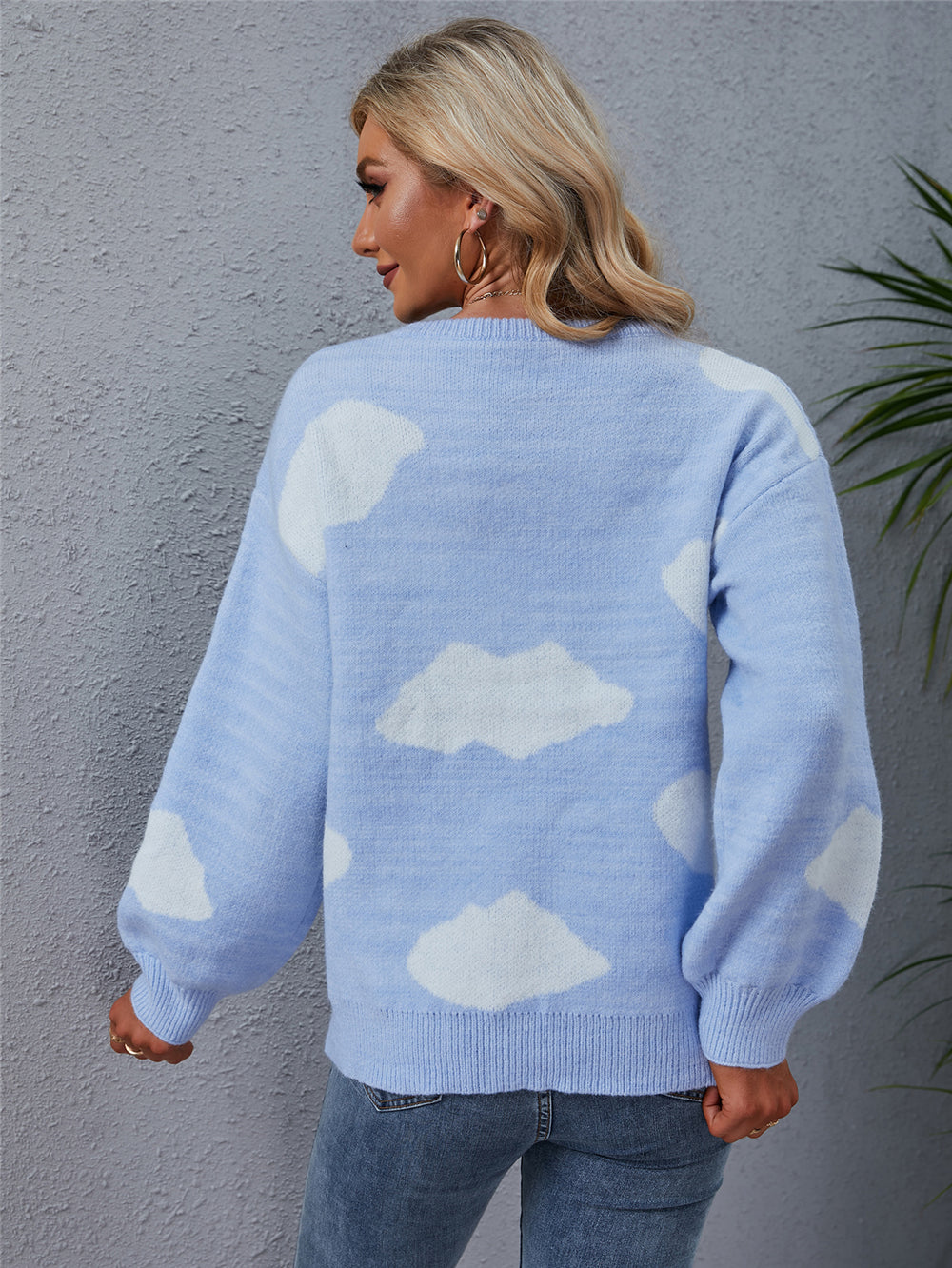 W&W Mode Weiß Wolkenmuster Rundhals Strickpullover