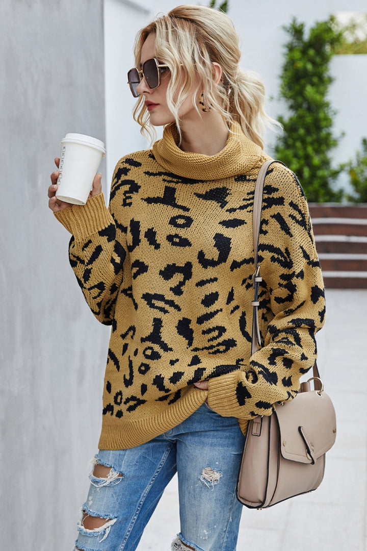 W&W Mode Lockere Leopardenmuster Umlegekragen Pullover