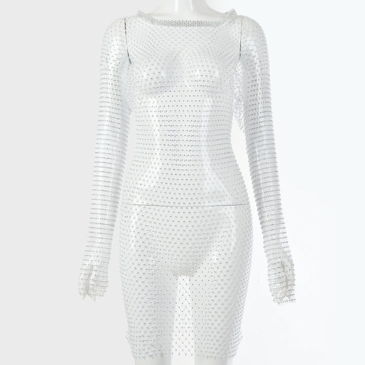 Damen glitzernder Netz-Bodysuit mit langen Ärmeln und figurbetontem Schnitt W&W Mode