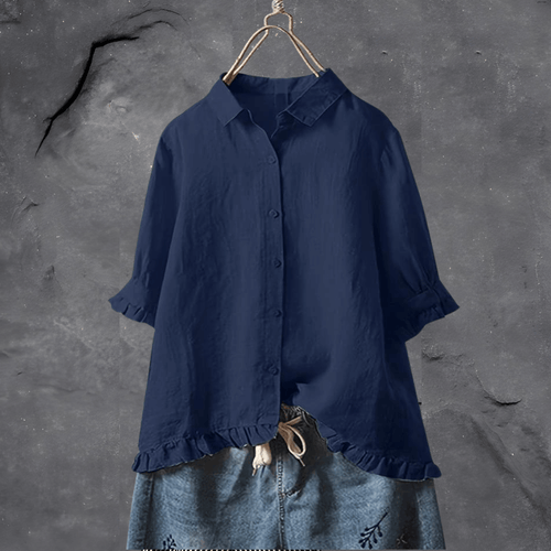 W&W Mode - Button-Down-Bluse mit Dreiviertelärmeln und Rüschensaum | Entspannt schickes bequemes Blusentop
