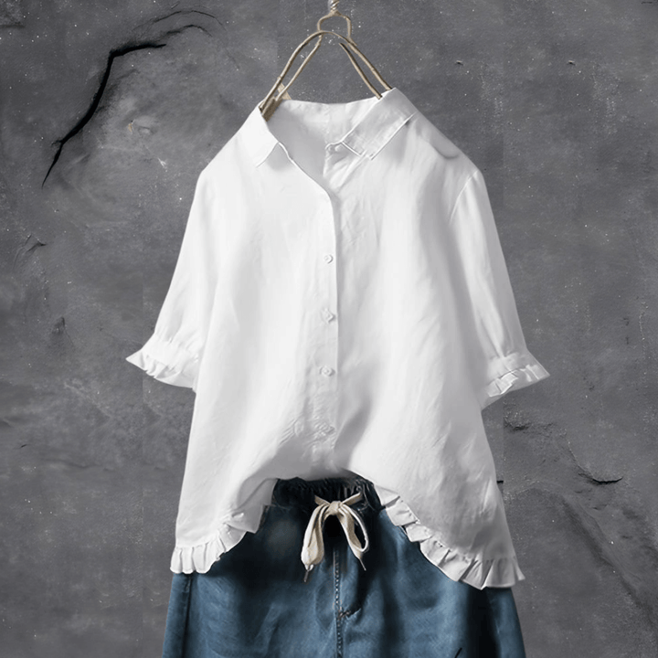 W&W Mode - Button-Down-Bluse mit Dreiviertelärmeln und Rüschensaum | Entspannt schickes bequemes Blusentop