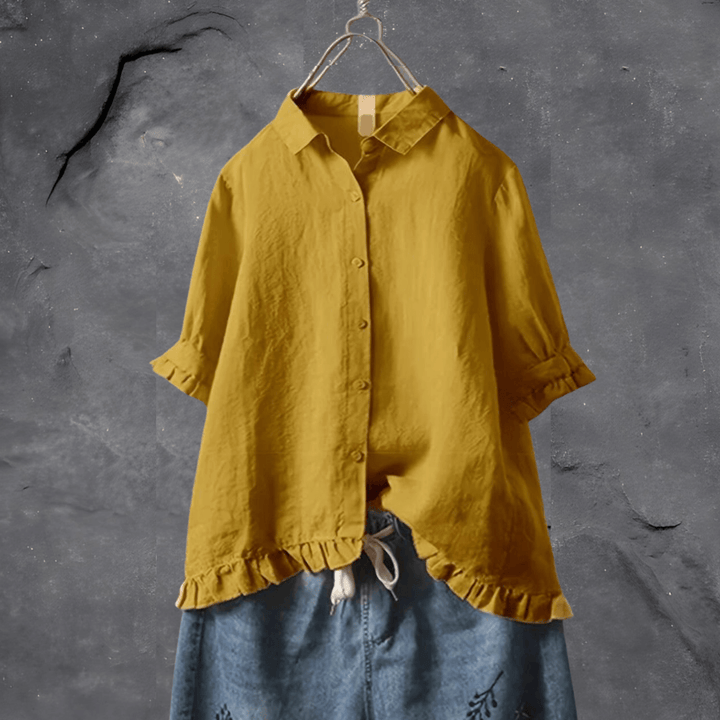 W&W Mode - Button-Down-Bluse mit Dreiviertelärmeln und Rüschensaum | Entspannt schickes bequemes Blusentop