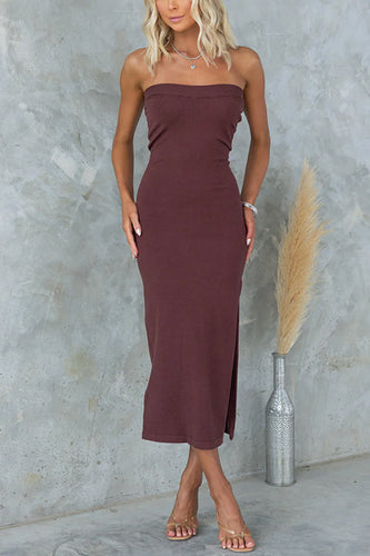W&W Mode | Strapless Tube Schlitz Rippenstrick Midi Kleid