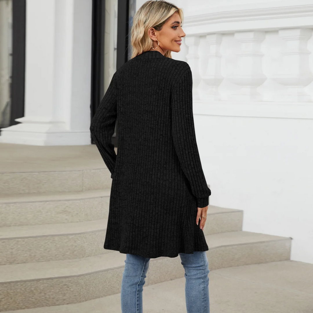 W&W Mode | Lange Strickjacken Damen Gerippte Offene Vorderseite Jacke mit Taschen