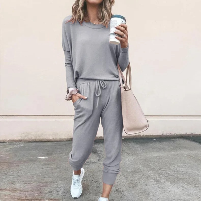 W&W Mode | Damen Hausanzug Bequemer Zweiteiler Mit Kordelzug Und Langarmshirt