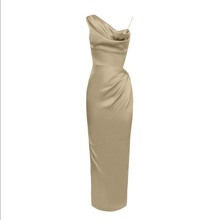 Asymmetrisches, figurbetontes Maxikleid mit hohem Schlitz | Braun