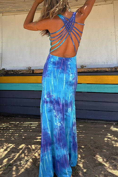 W&W Mode | Scoop Neck Rückenfreies Criss Cross Tie Dye Maxikleid