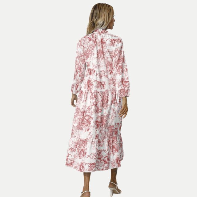 W&W Mode | Toile-Druck Midi-Kleid mit hohem Kragen
