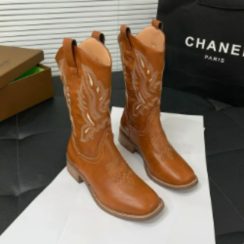 W&W Mode | Western Stil Stiefel Damen mit Spitzem Kopf und Blockabsatz, Cowboy Stiefel Damen