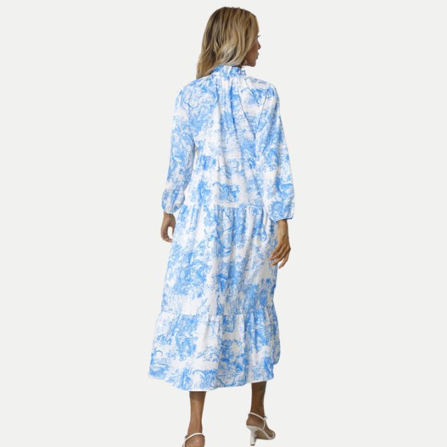 W&W Mode | Toile-Druck Midi-Kleid mit hohem Kragen