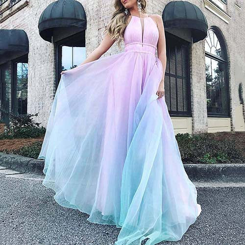 Damen Maxikleid mit tiefem V-Ausschnitt und schwingendem Tüllrock W&W Mode