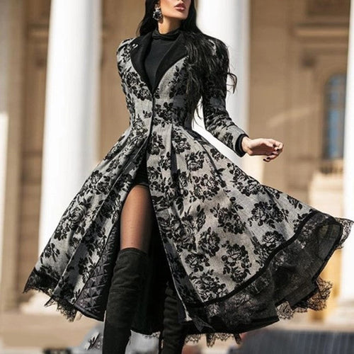 Damen Mantelkleid mit floraler Vintage-Spitze und ausgestelltem Rockteil