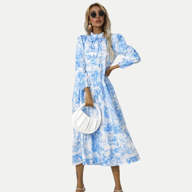 W&W Mode | Toile-Druck Midi-Kleid mit hohem Kragen
