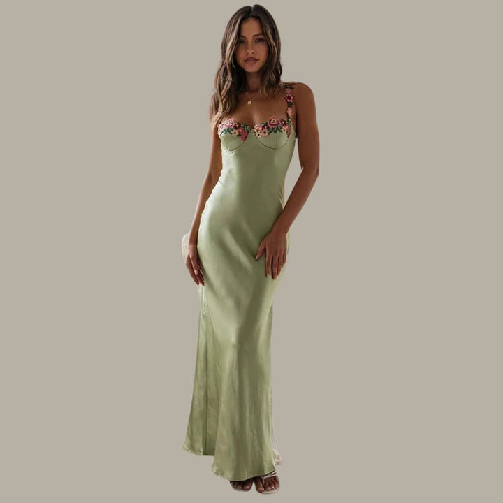 W&W Mode | Blume Bootsausschnitt Hoher Schlitz Satin Schlank Garten Party Slip Maxikleider