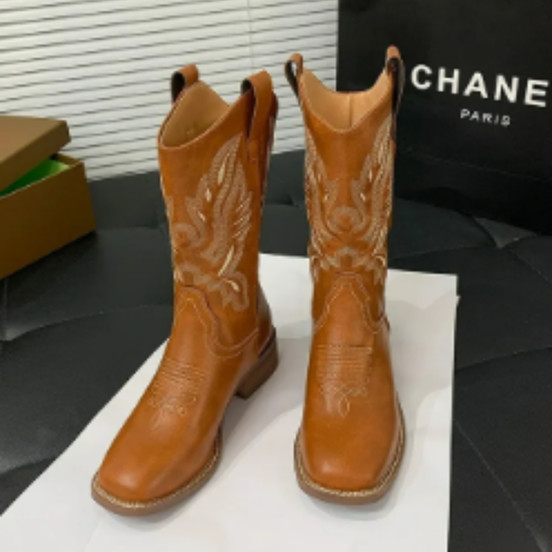 W&W Mode | Western Stil Stiefel Damen mit Spitzem Kopf und Blockabsatz, Cowboy Stiefel Damen