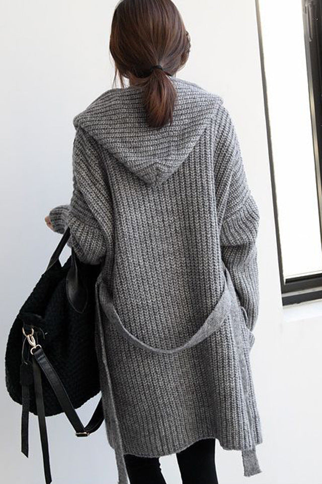 Damen Grober Strickmantel mit praktischen Taschen und modischem Gürtel W&W Mode