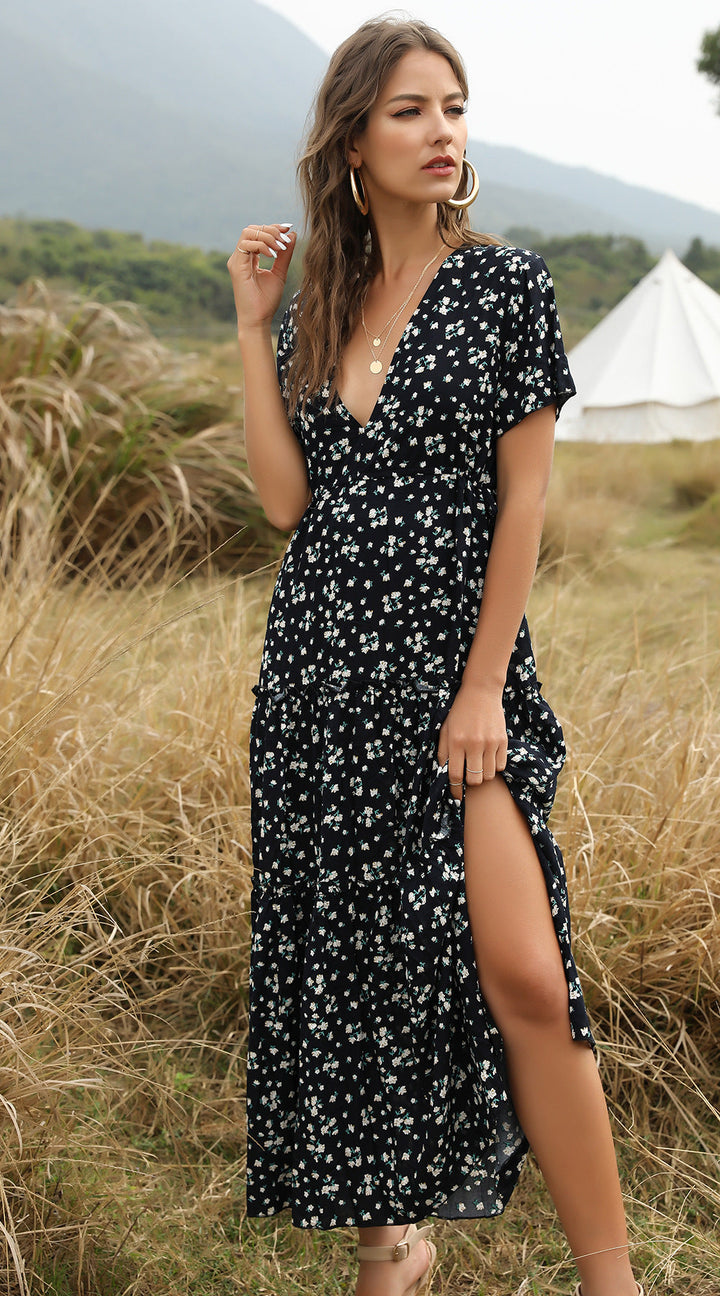 W&W Mode | Sommer Blumenmuster Rüschen Boho Maxi Kleid