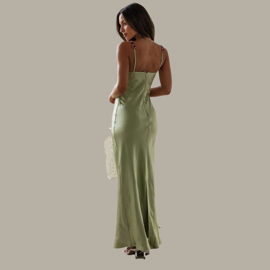 W&W Mode | Blume Bootsausschnitt Hoher Schlitz Satin Schlank Garten Party Slip Maxikleider