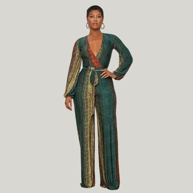 W&W Mode | Metallic-Plissee-Jumpsuit mit weitem Bein und Gürtel