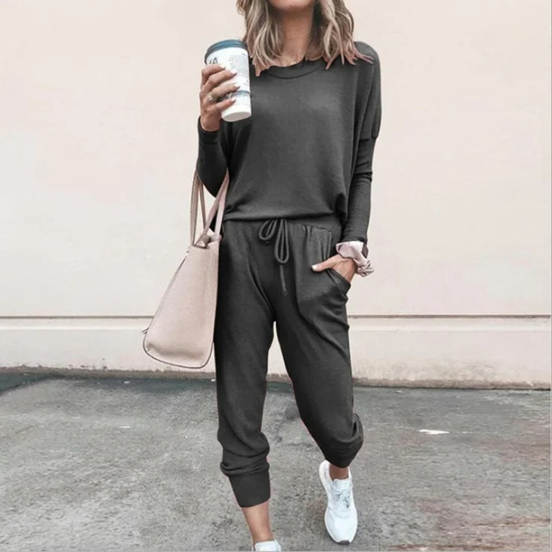 W&W Mode | Damen Hausanzug Bequemer Zweiteiler Mit Kordelzug Und Langarmshirt
