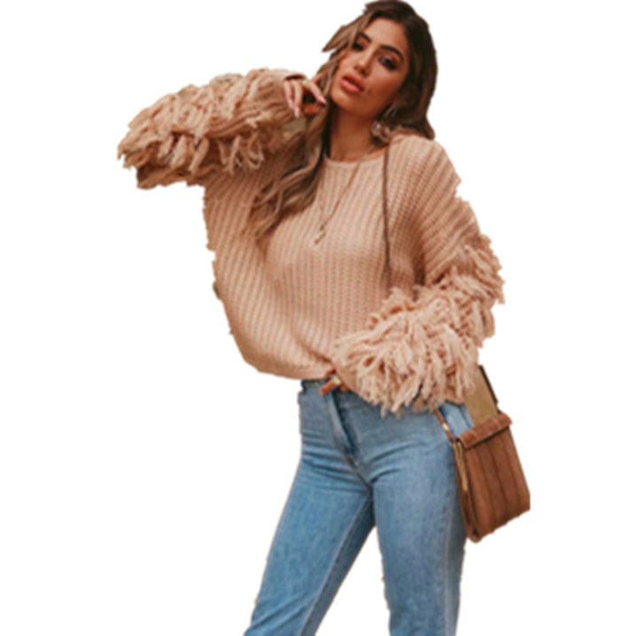 Damen Grobstrickpullover mit fransigen Ärmeln und gemütlichem Schnitt W&W Mode