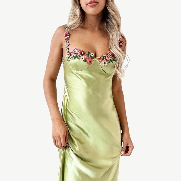 W&W Mode | Blume Bootsausschnitt Hoher Schlitz Satin Schlank Garten Party Slip Maxikleider