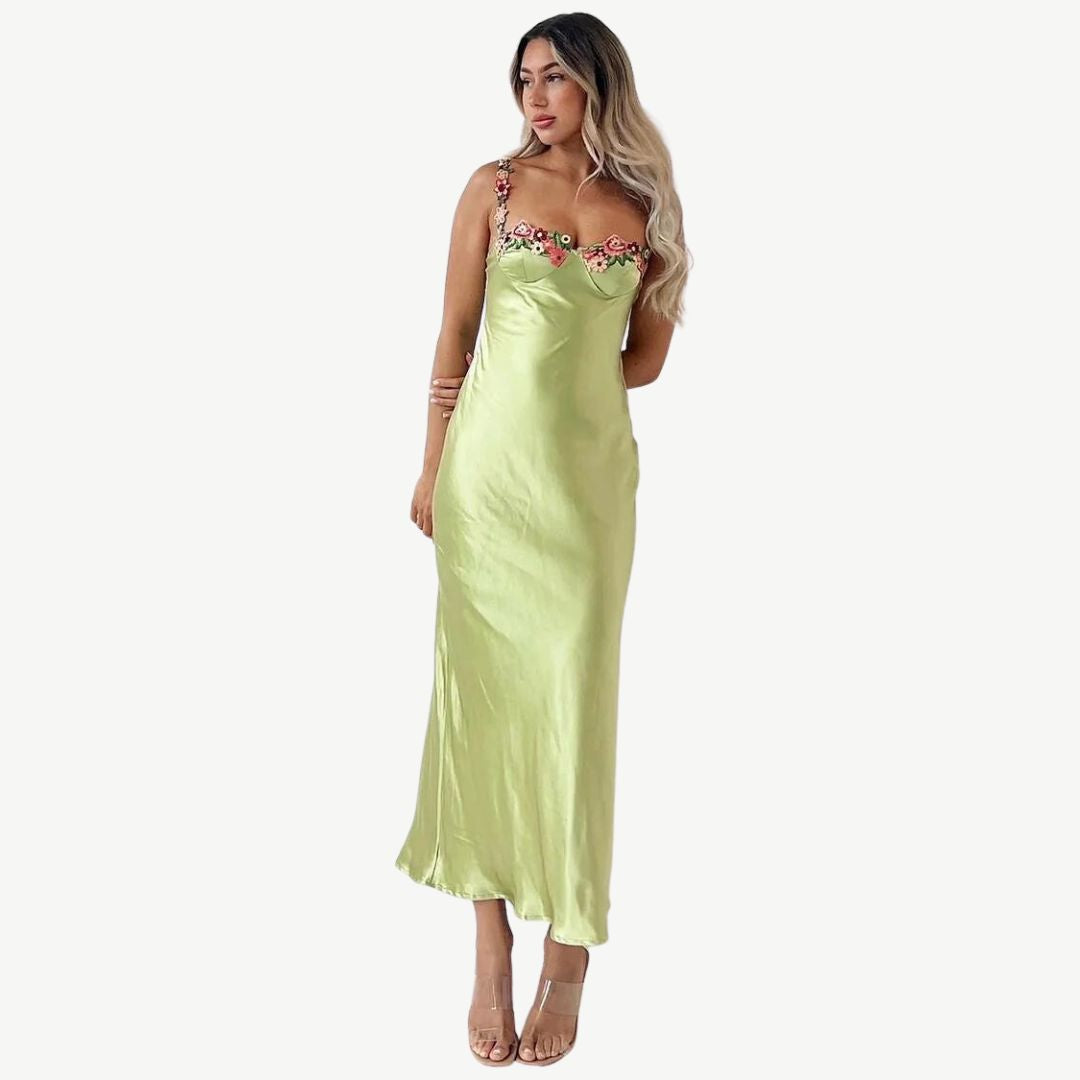 W&W Mode | Blume Bootsausschnitt Hoher Schlitz Satin Schlank Garten Party Slip Maxikleider