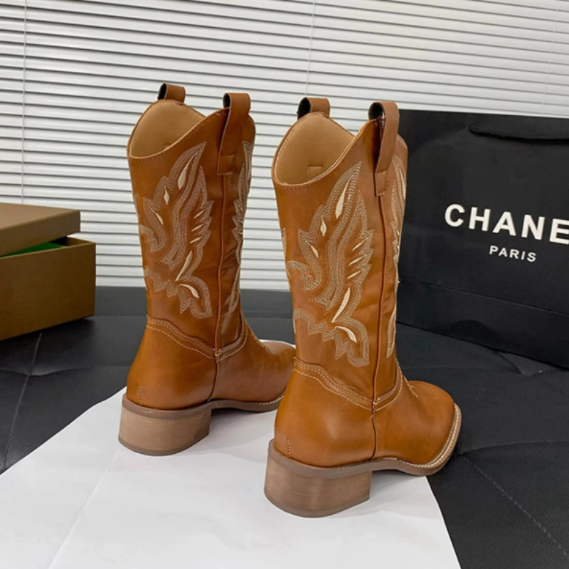 W&W Mode | Western Stil Stiefel Damen mit Spitzem Kopf und Blockabsatz, Cowboy Stiefel Damen