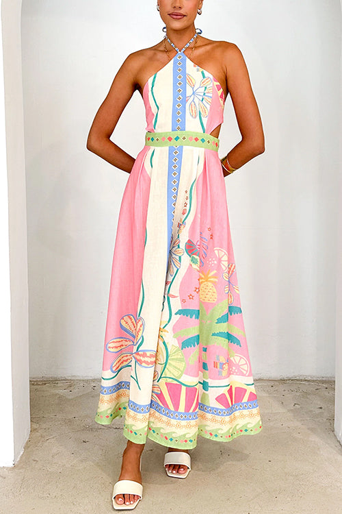 W&W Mode | Halter Schnürung Rückenfreies Rio Print Maxi Kleid