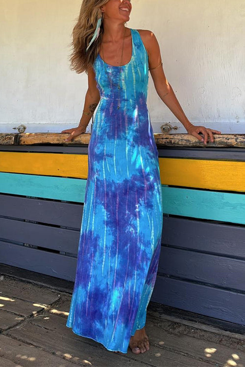 W&W Mode | Scoop Neck Rückenfreies Criss Cross Tie Dye Maxikleid