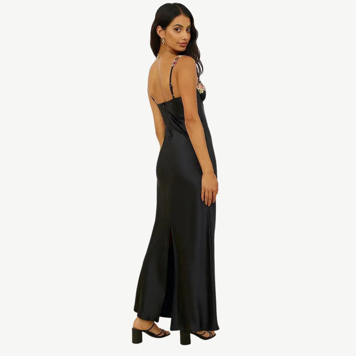 W&W Mode | Blume Bootsausschnitt Hoher Schlitz Satin Schlank Garten Party Slip Maxikleider