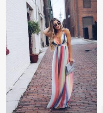 W&W Mode | Regenbogen Sommer Maxi Kleid Für Damen