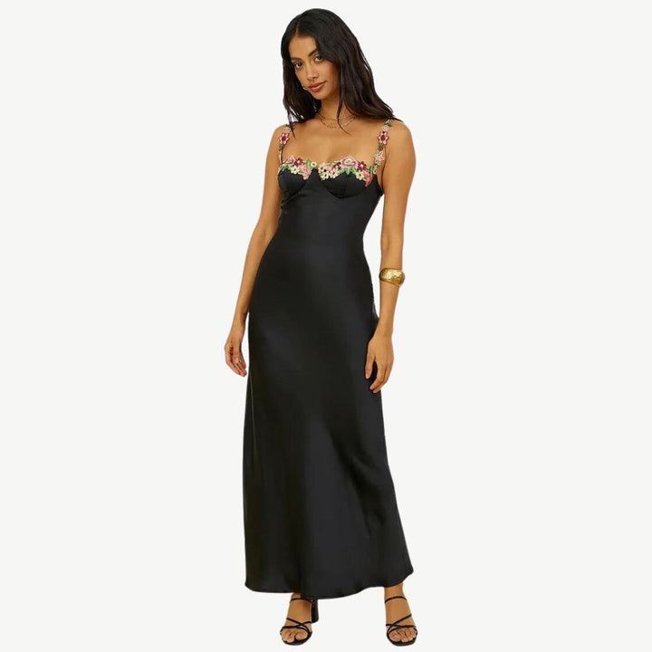W&W Mode | Blume Bootsausschnitt Hoher Schlitz Satin Schlank Garten Party Slip Maxikleider