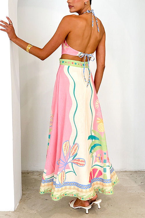 W&W Mode | Halter Schnürung Rückenfreies Rio Print Maxi Kleid