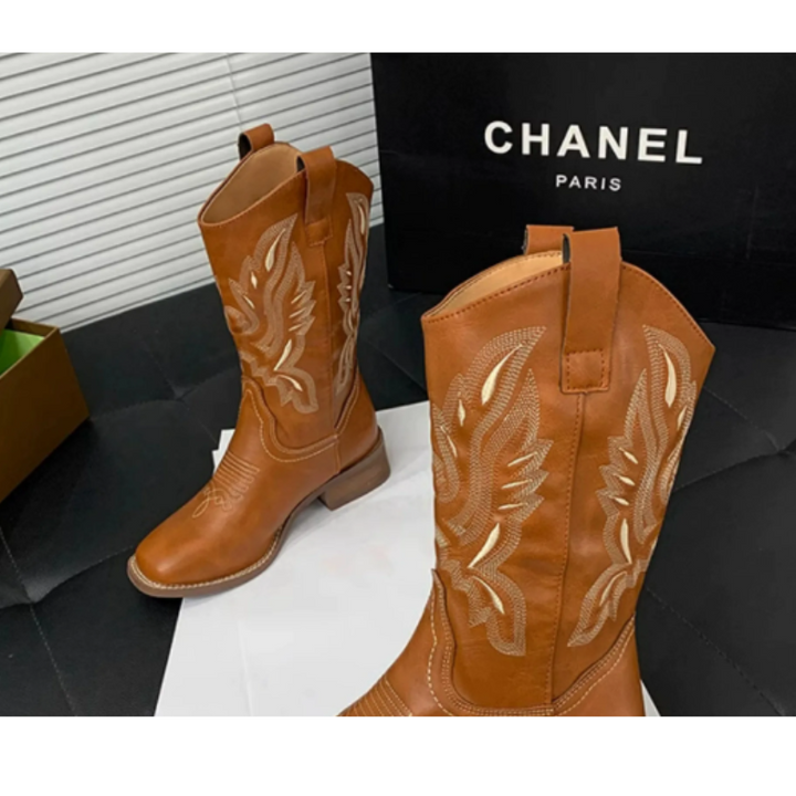 W&W Mode | Western Stil Stiefel Damen mit Spitzem Kopf und Blockabsatz, Cowboy Stiefel Damen