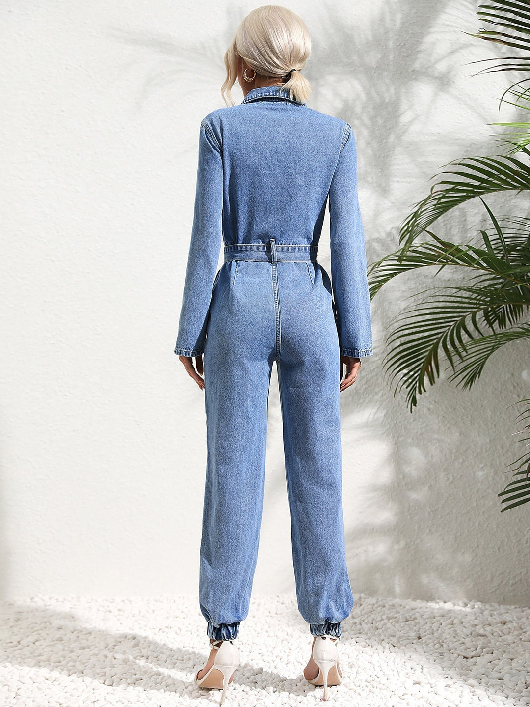 W&W Mode | Denim Overall Knopfront Klappentaschen Passender Gürtel Gekrempelte Ärmel