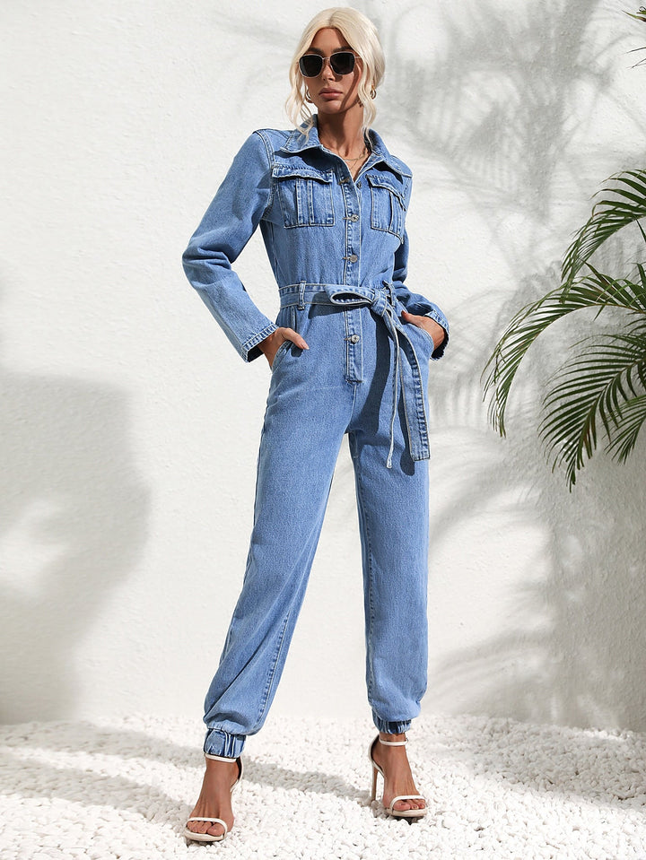 W&W Mode | Denim Overall Knopfront Klappentaschen Passender Gürtel Gekrempelte Ärmel