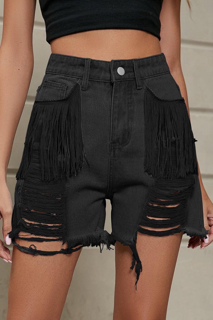 W&W Mode | Entspannte Einfachheit Solide Quaste Niete Gerade Denim Shorts